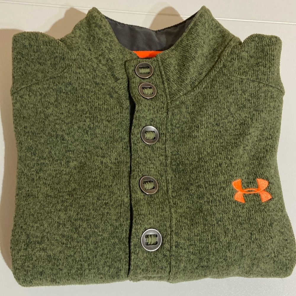 Under Armor Specialist Pullover Sweater Men’s Small/Medium In Olive/Orange Logo
